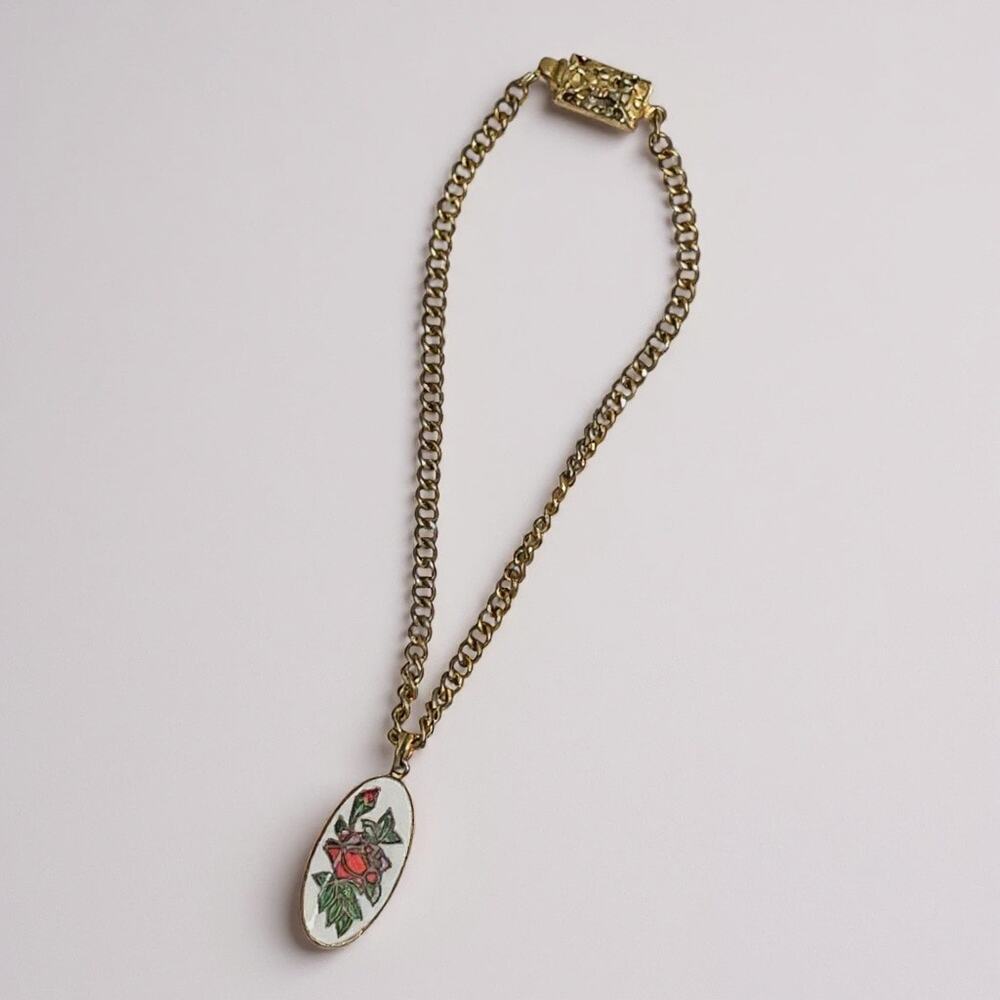 Vintage Japan Gold Tone Chain Bracelet w/ Enamel Painted Red Rose Pendant – 7"